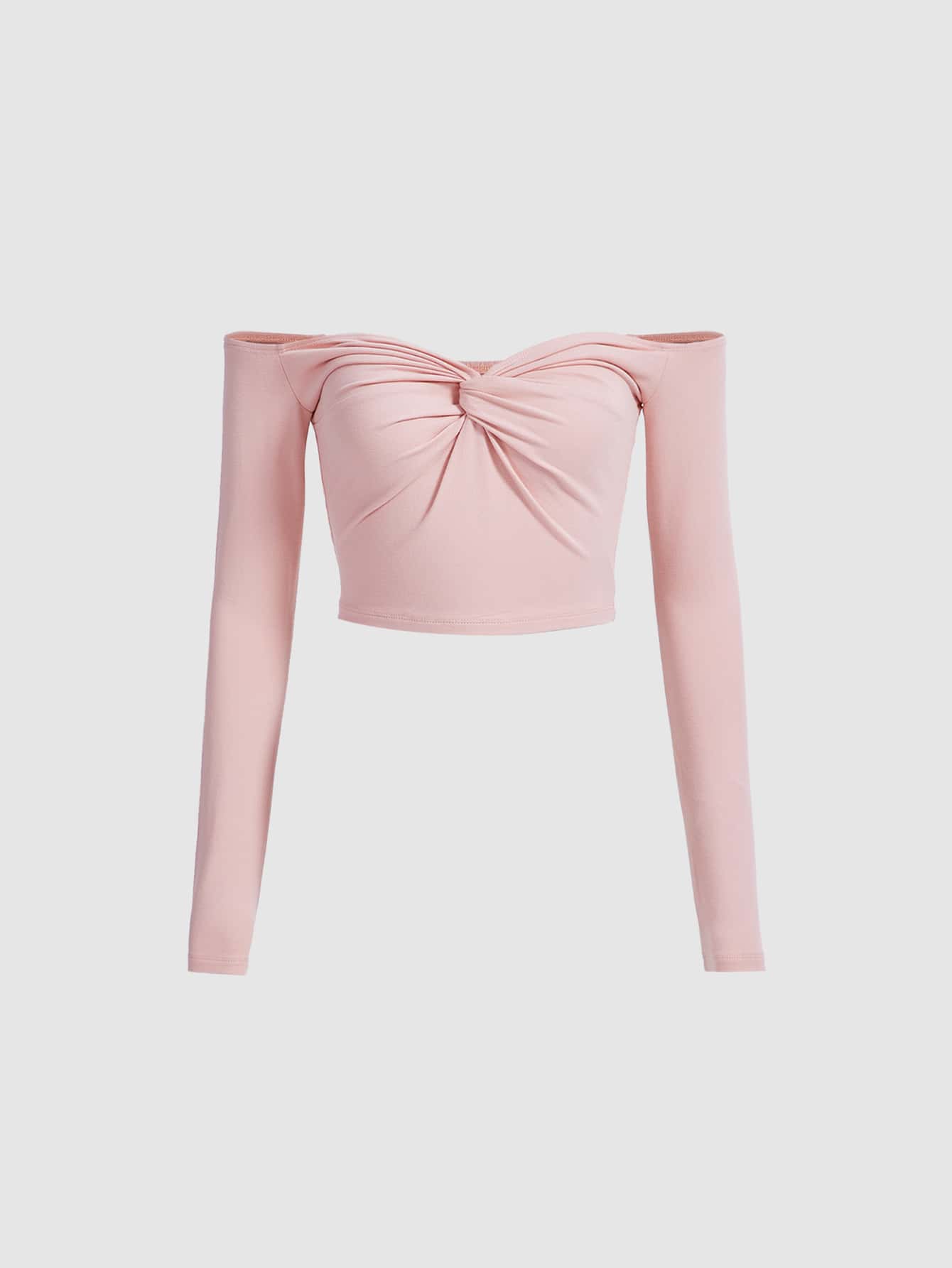 SHEIN MOD 一字肩前扭結胸部褶皺T恤 - 淺粉色 - 查看 1