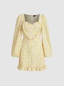 SHEIN MOD Allover Floral Print Half Zip Dress - Yellow - View 1