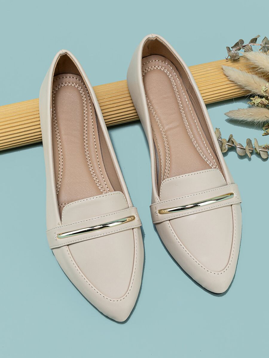 Fall/Winter Metal Decor Point Toe Flat Loafers - Beige - View 1