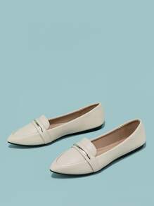 Fall/Winter Metal Decor Point Toe Flat Loafers - Beige - View 2