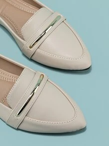 Fall/Winter Metal Decor Point Toe Flat Loafers - Beige - View 3