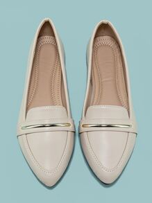 Fall/Winter Metal Decor Point Toe Flat Loafers - Beige - View 4
