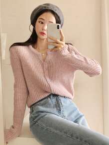 DAZY Ribbed Knit Button Front Cardigan,Fall Clothes - Baby Pink - View 1