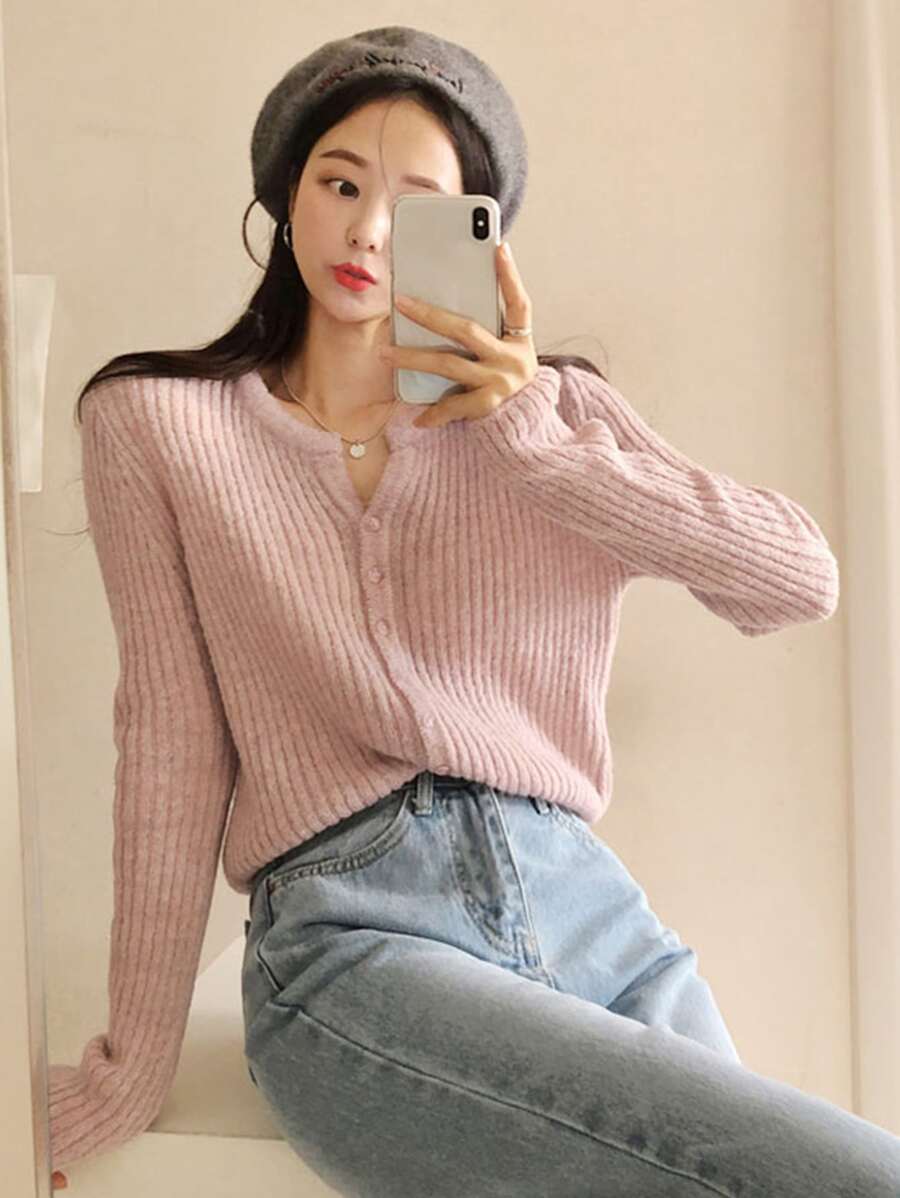 DAZY Ribbed Knit Button Front Cardigan,Fall Clothes - Baby Pink - View 1