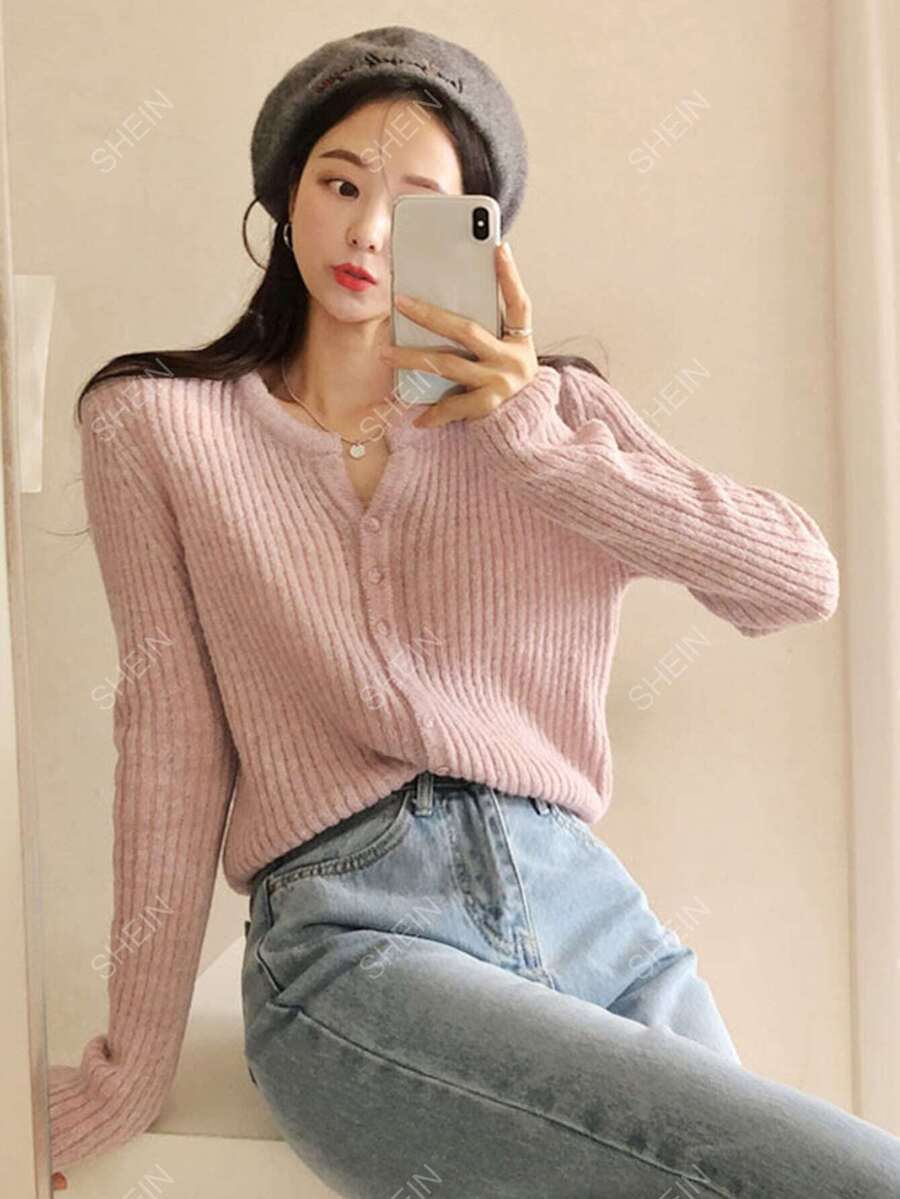 DAZY Gerippter Strick-Knopfverschluss Cardigan, Herbstkleidung - Babypink - Übersicht 1