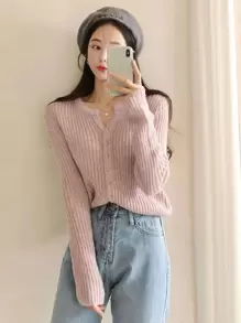 DAZY Ribbed Knit Button Front Cardigan,Fall Clothes - Baby Pink - View 3