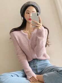 DAZY Ribbed Knit Button Front Cardigan,Fall Clothes - Baby Pink - View 4