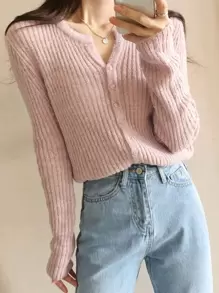 DAZY Ribbed Knit Button Front Cardigan,Fall Clothes - Baby Pink - View 5
