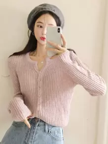 DAZY Ribbed Knit Button Front Cardigan,Fall Clothes - Baby Pink - View 6