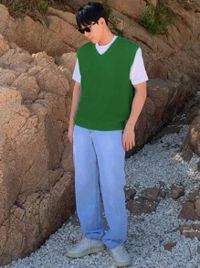 DAZY Áo len nam vest Gân đan màu trơn Giải trí - màu xanh lá - Xem 4