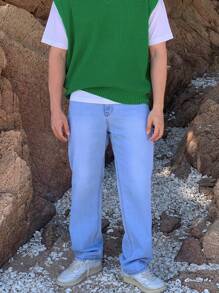 DAZY Áo len nam vest Gân đan màu trơn Giải trí - màu xanh lá - Xem 7