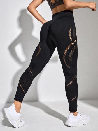 Yoga Leggings Seamless Scrunch Butt Hollow Out Tummy Control Athletic Tights With Wide Waistband