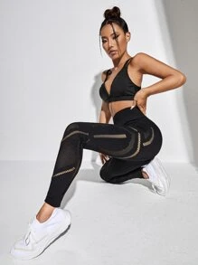 Yoga Sxy Xà cạp yoga Liền mạch Scrunch Butt Xu hướng: Cắt giảm Kiểm soát bụng Điền kinh Quần tất Với Thắt lưng rộng - màu đen - Xem 6