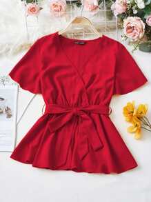 SHEIN Unity Solid Surplice Front Belted Peplum Blouse - Red - View 1