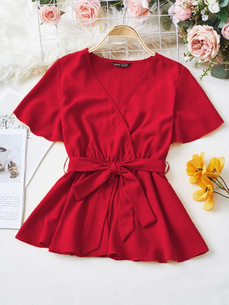 SHEIN Unity Solid Surplice Front Belted Peplum Blouse - Red - View 1