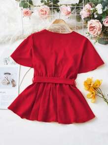 SHEIN Unity Solid Surplice Front Belted Peplum Blouse - Red - View 2