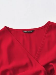 SHEIN Unity Solid Surplice Front Belted Peplum Blouse - Red - View 4