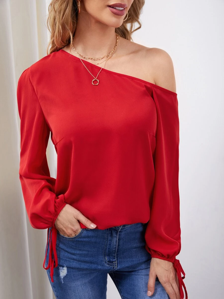 SHEIN Privé Asymmetrical Neck Drawstring Cuff Top | SHEIN USA