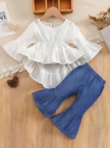 Baby Ruffle Hem Flounce Sleeve Blouse & Flare Leg Trousers - Blue and White - View 1