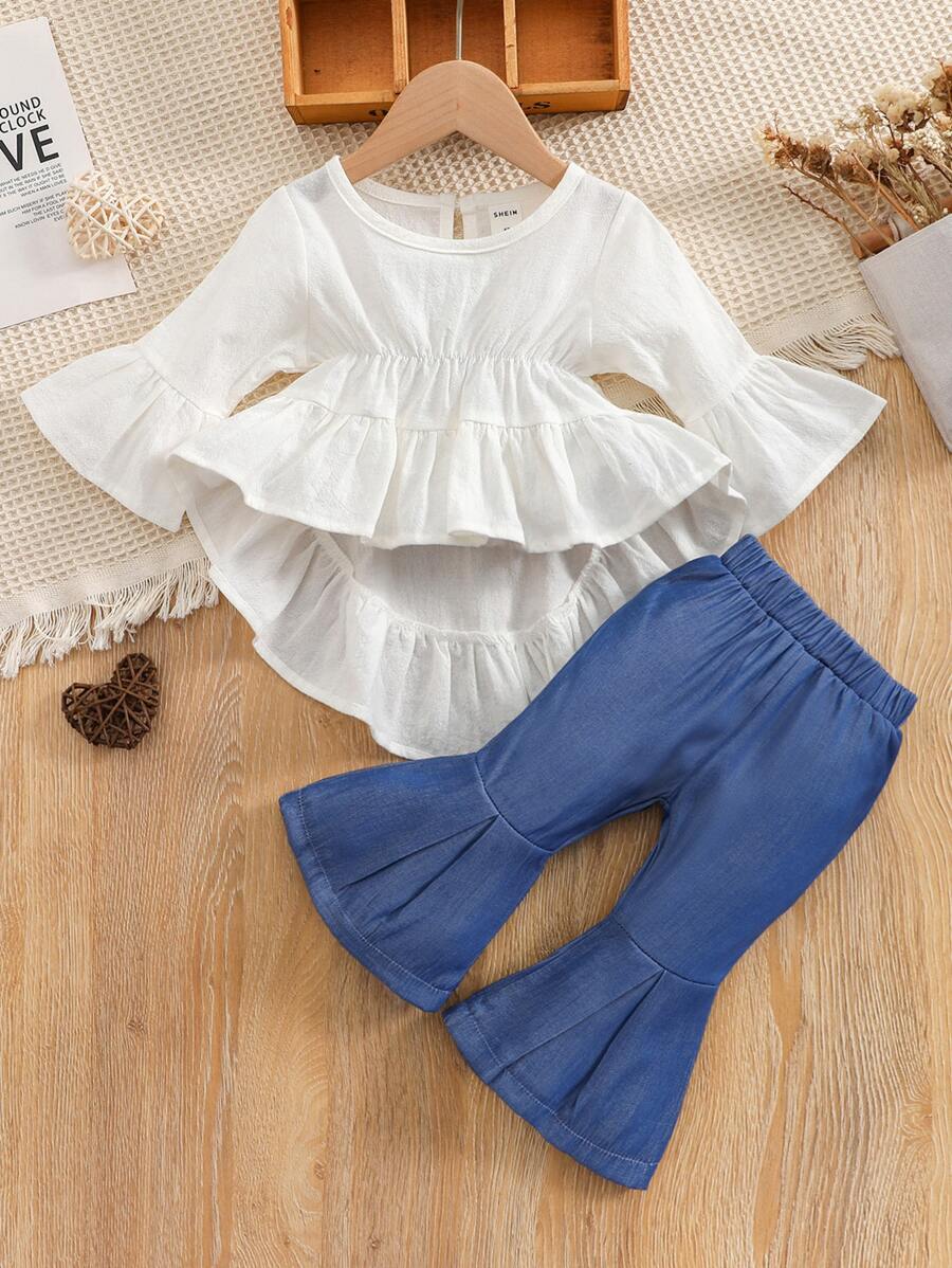 Baby Ruffle Hem Flounce Sleeve Blouse & Flare Leg Trousers - Blue and White - View 1
