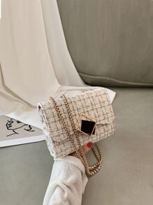 Lightweight, Portable Casual, Fashion Mini Tweed Plaid Flap Chain Bag For Girls, Women, College Students, Rookies & White-collar Workers For Autumn & Winter, Warm Winter, For Fall, Winter Essential, For Work, Office, Commute, Outdoors - White - View 2