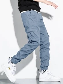 Manfinity Hypemode Nam Thư được vá Túi có nắp Quần Cargo - Màu xanh bụi bặm - Xem 4