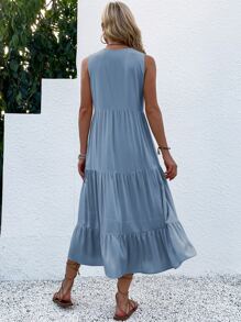 Breezaya Button Detail Layered Hem Smock Dress Maxi Vacation Beach Outfits Women - Dusty Blue - View 2