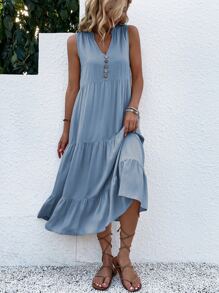 Breezaya Button Detail Layered Hem Smock Dress Maxi Vacation Beach Outfits Women - Dusty Blue - View 4