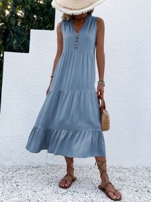 Breezaya Button Detail Layered Hem Smock Dress Maxi Vacation Beach Outfits Women - Dusty Blue - View 7