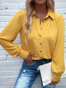 SHEIN LUNE Camisa de lunares con botón delantero - Amarillo - Ver 1