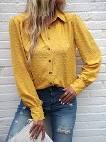 SHEIN LUNE Camisa de lunares con botón delantero - Amarillo - Ver 4
