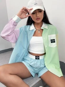 SHEIN EZwear Bộ đồ hai mảnh nữ Đắp vá Túi Nút phía trước Khối Màu Sọc Giải trí - Nhiều màu - Xem 1