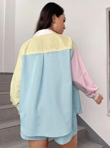 SHEIN EZwear Bộ đồ hai mảnh nữ Đắp vá Túi Nút phía trước Khối Màu Sọc Giải trí - Nhiều màu - Xem 2