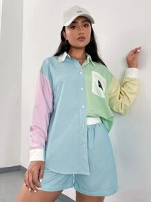 SHEIN EZwear Bộ đồ hai mảnh nữ Đắp vá Túi Nút phía trước Khối Màu Sọc Giải trí - Nhiều màu - Xem 3