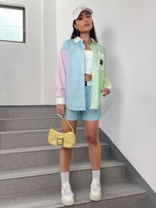 SHEIN EZwear Bộ đồ hai mảnh nữ Đắp vá Túi Nút phía trước Khối Màu Sọc Giải trí - Nhiều màu - Xem 5