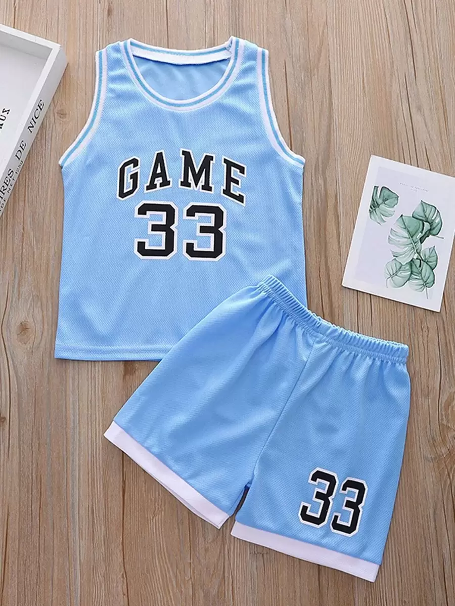 SHEIN Young Boy Letter Graphic Tank Top & Track Shorts - Baby Blue - View 1