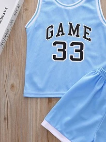 SHEIN Young Boy Letter Graphic Tank Top & Track Shorts - Baby Blue - View 3