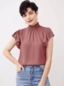 SHEIN Privé 打褶小高領蝴蝶袖上衣 - 藕粉色 - 查看 1