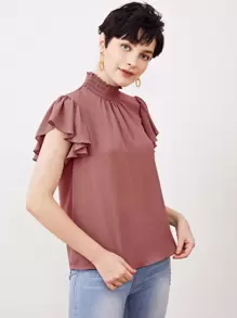 SHEIN Privé 打褶小高領蝴蝶袖上衣 - 藕粉色 - 查看 3