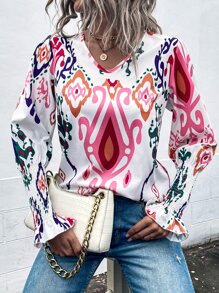 SHEIN Clasi Áo sơ mi nữ Dải chun Hình học Giải trí - trắng - Xem 1