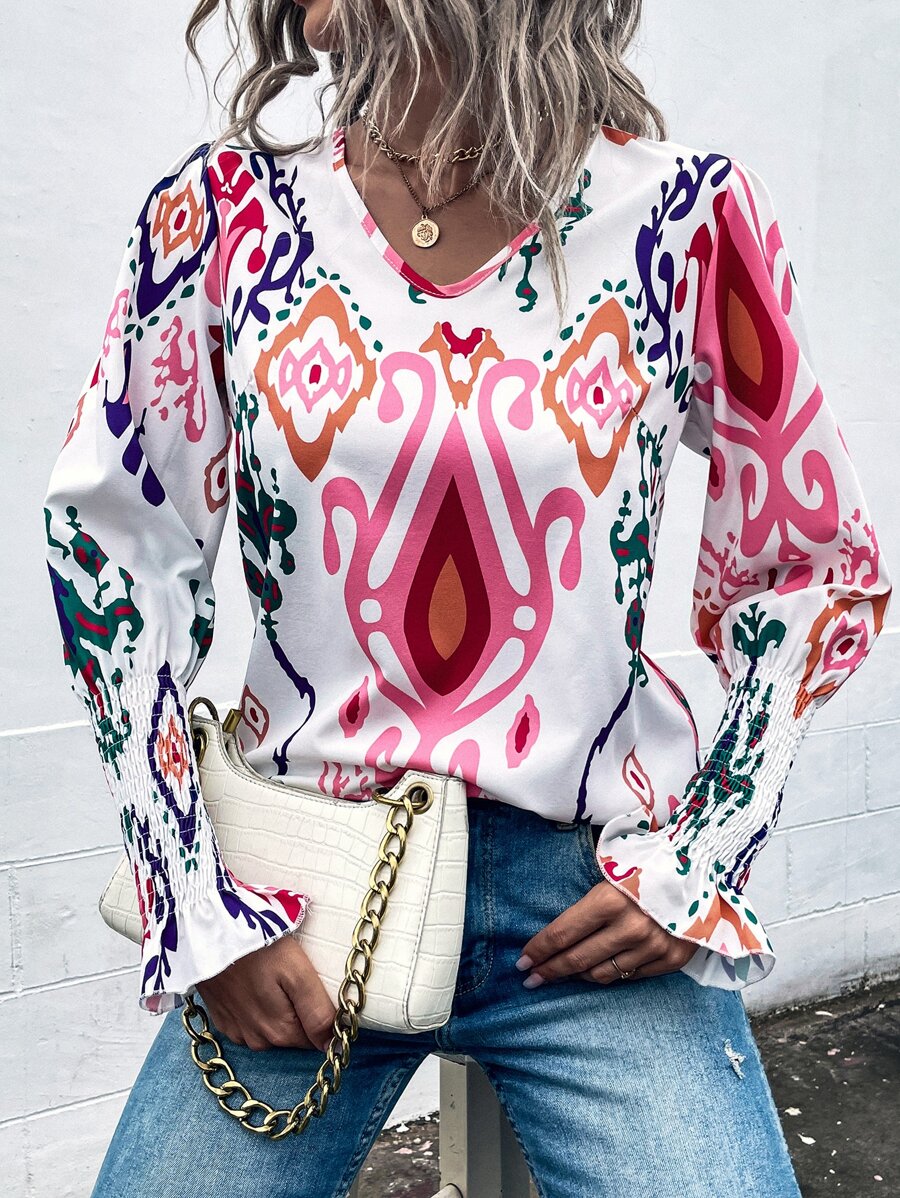 SHEIN Clasi Áo sơ mi nữ Dải chun Hình học Giải trí - trắng - Xem 1