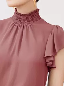 SHEIN Privé 打褶小高領蝴蝶袖上衣 - 藕粉色 - 查看 4