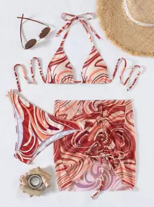 Bonvoyette Summer Beach Marble Print Bikini Set Halter Triangle Bra & Bikini Bottom & Drawstring Cover Up Skirt 3 Piece Bathing Suit - Multicolor - View 3