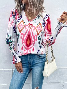 SHEIN Clasi Áo sơ mi nữ Dải chun Hình học Giải trí - trắng - Xem 3