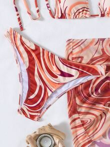 Bonvoyette Summer Beach Marble Print Bikini Set Halter Triangle Bra & Bikini Bottom & Drawstring Cover Up Skirt 3 Piece Bathing Suit - Multicolor - View 6