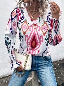 SHEIN Clasi Áo sơ mi nữ Dải chun Hình học Giải trí - trắng - Xem 4