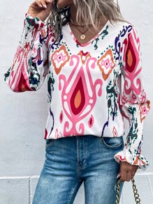 SHEIN Clasi Áo sơ mi nữ Dải chun Hình học Giải trí - trắng - Xem 5