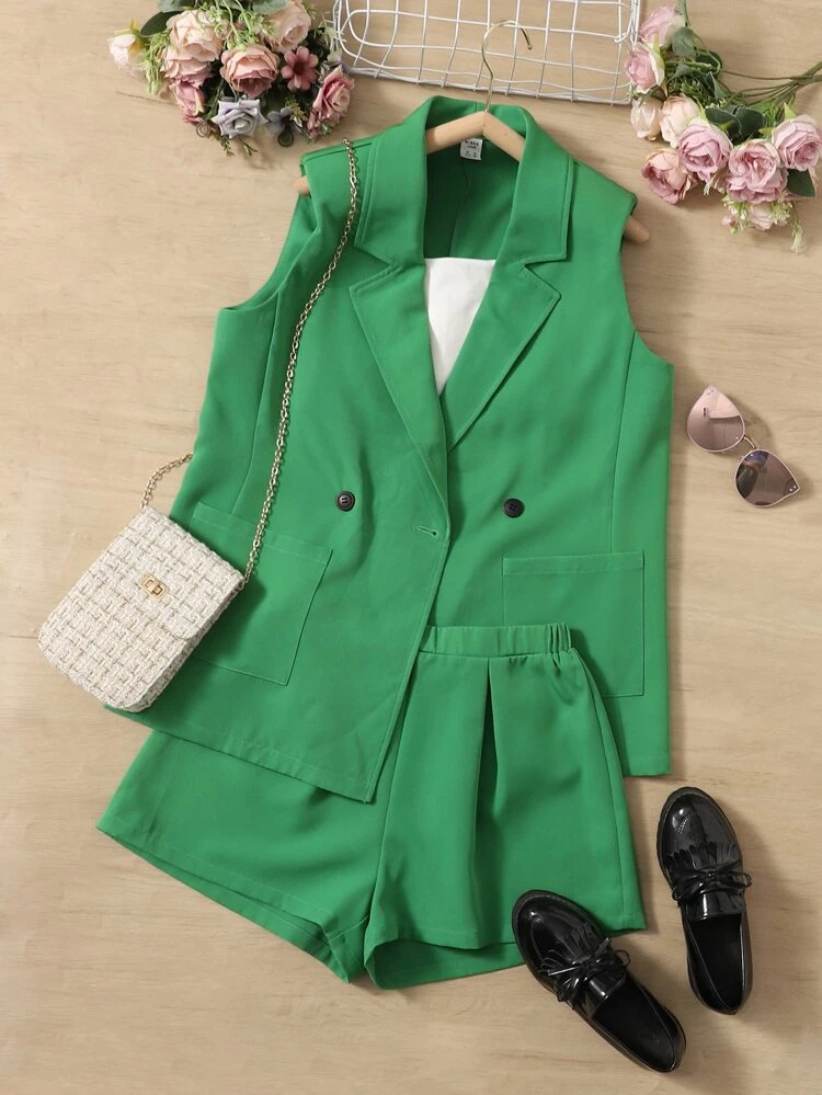 Teen Girls Lapel Collar Vest Blazer & Shorts