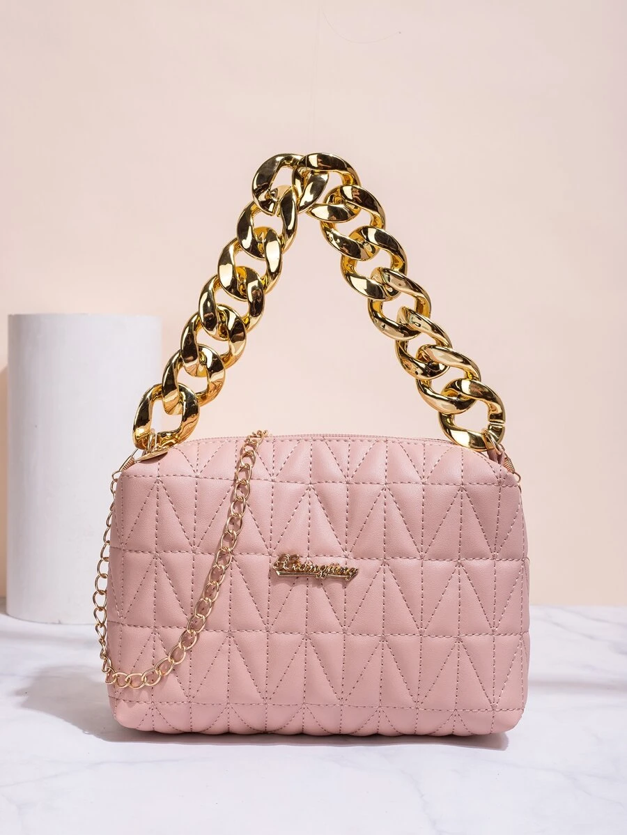 Geantă pătrată matlasată, impermeabilă, ușoară, de afaceri, ocazională, cu decorațiuni cu lanț, pentru fete adolescente, femei, studenți, începători și lucrători cu guler alb, perfect pentru birou, facultate, muncă, afaceri, navetă