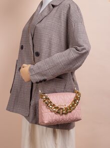 Geantă pătrată matlasată, impermeabilă, ușoară, de afaceri, ocazională, cu decorațiuni cu lanț, pentru fete adolescente, femei, studenți, începători și lucrători cu guler alb, perfect pentru birou, facultate, muncă, afaceri, navetă